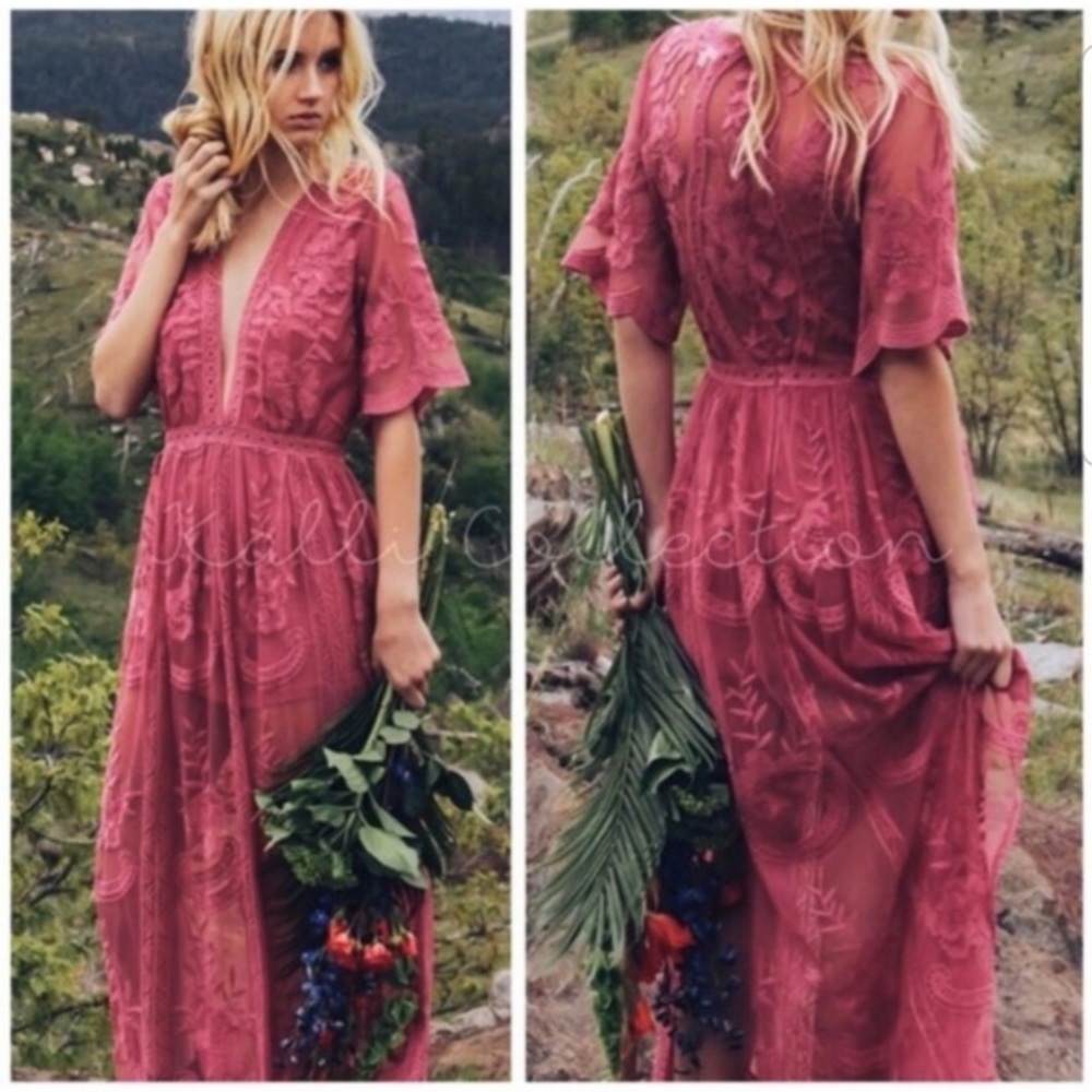 Pink lace maxi romper dress